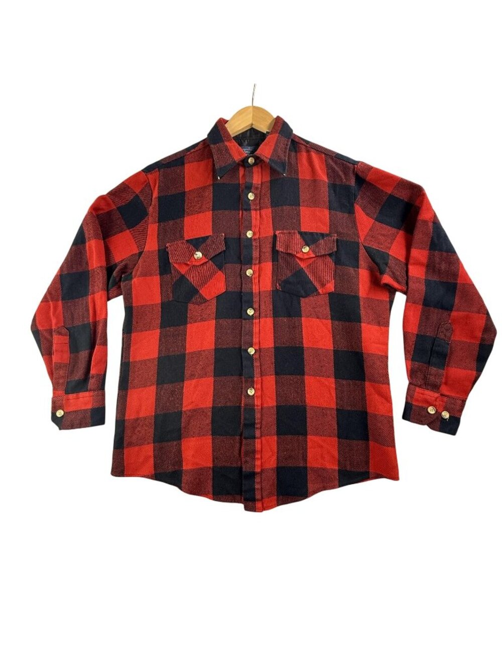 Vintage Sears Shirt Mens Medium Red Buffalo Plaid Flannel Button Up Long Sleeve